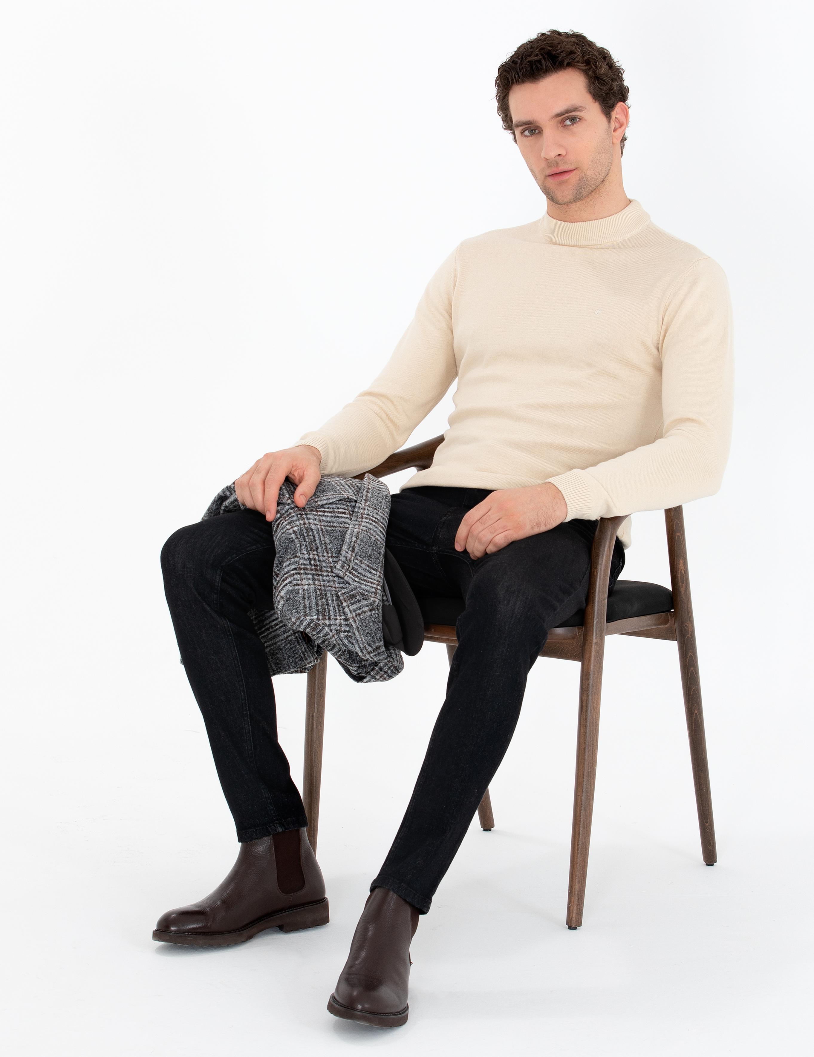 Bej Regular Fit Çeyrek Balıkçı Yaka Basic Triko Kazak - 50260846059