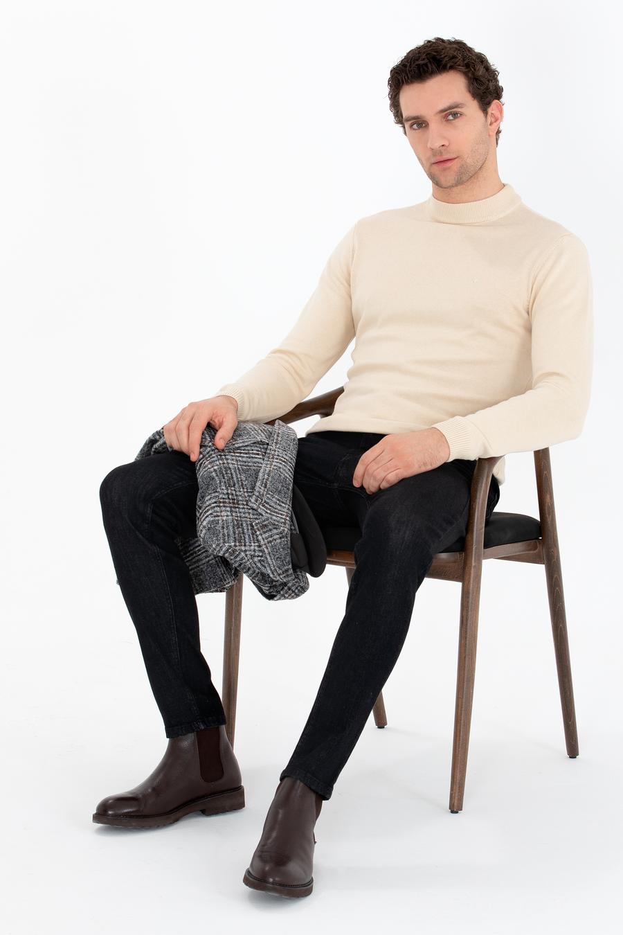 Bej Regular Fit Çeyrek Balıkçı Yaka Basic Triko Kazak - 50260846059