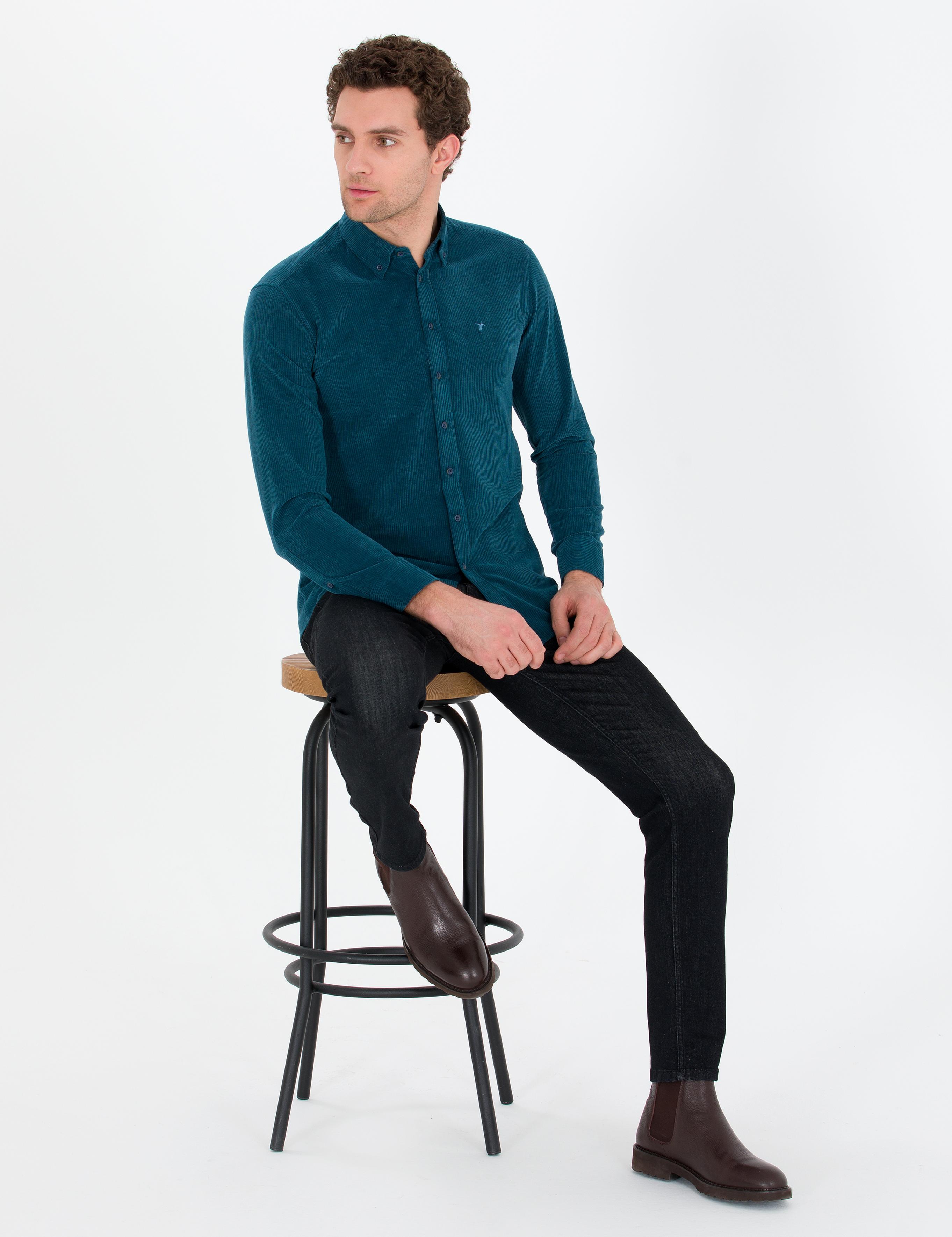 Petrol Slim Fit Uzun Kollu Gömlek - 50262889057