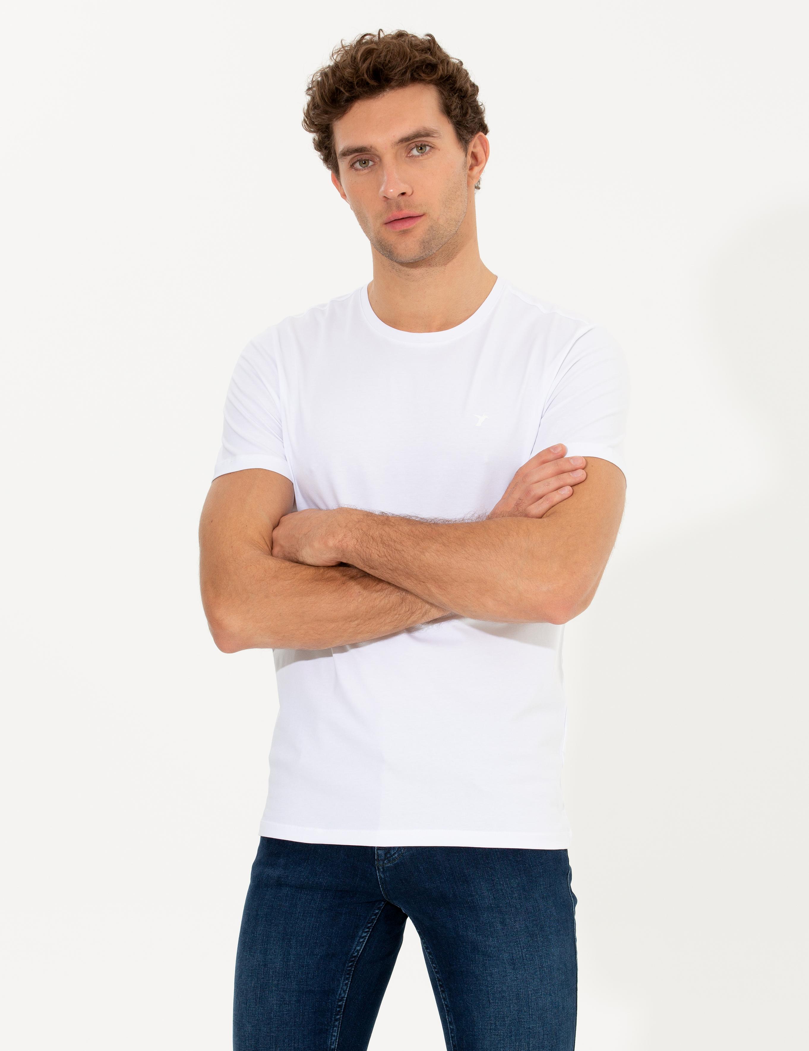 Beyaz Bisiklet Yaka Slim Fit Basic T-Shirt - 50263987007