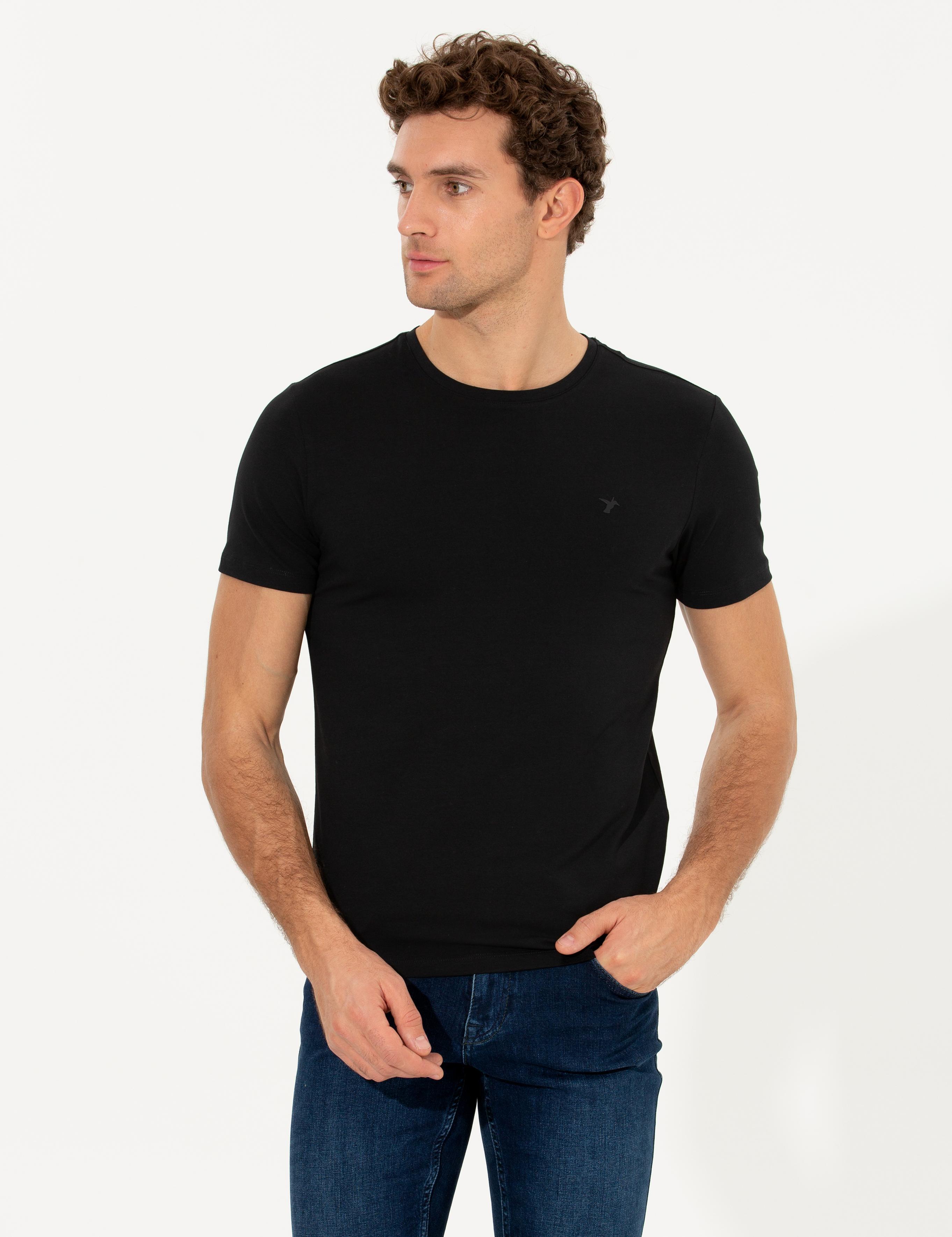 Siyah Bisiklet Yaka Slim Fit Basic T-Shirt - 50263987021