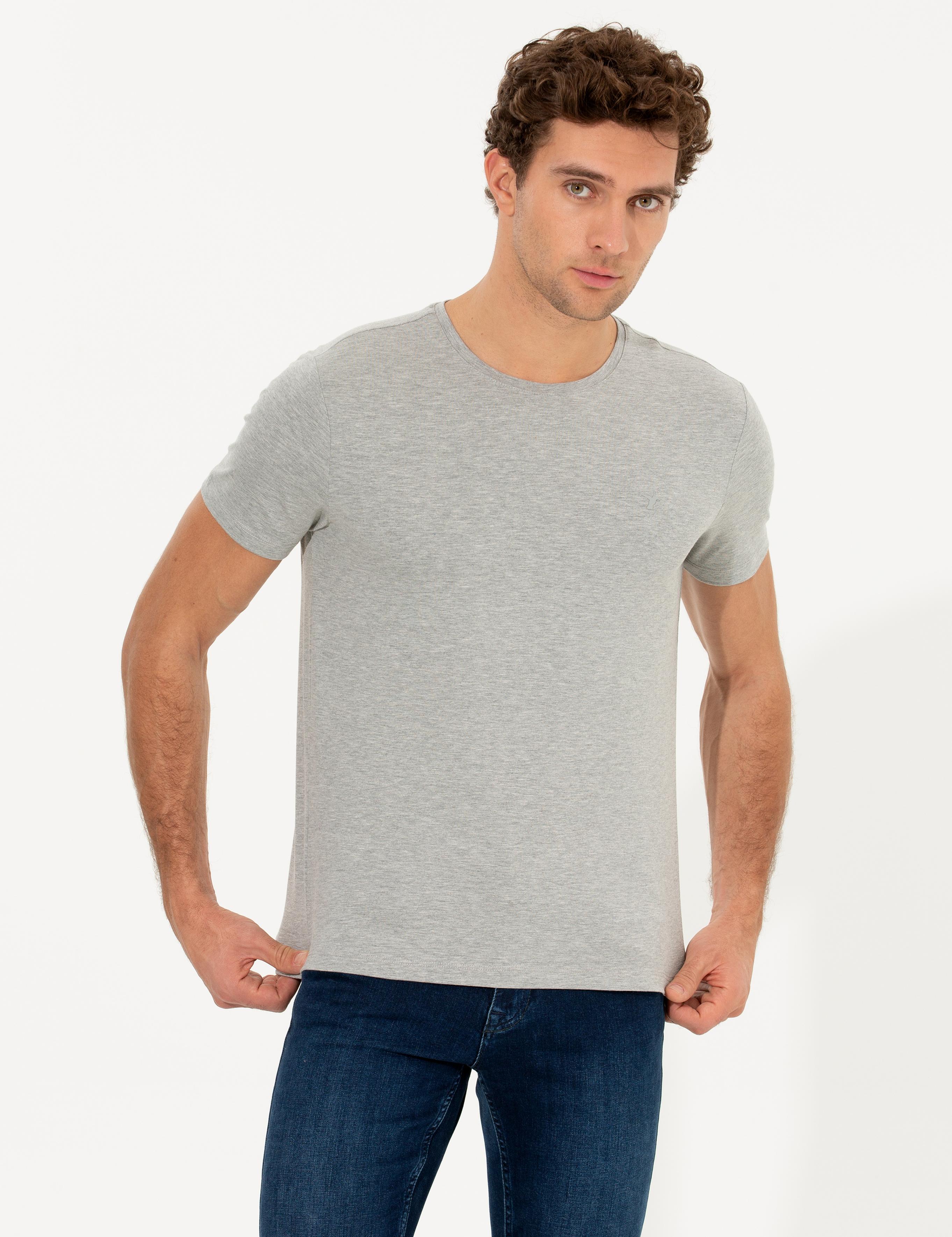 Gri Melanj Bisiklet Yaka Slim Fit Basic T-Shirt - 50263987057