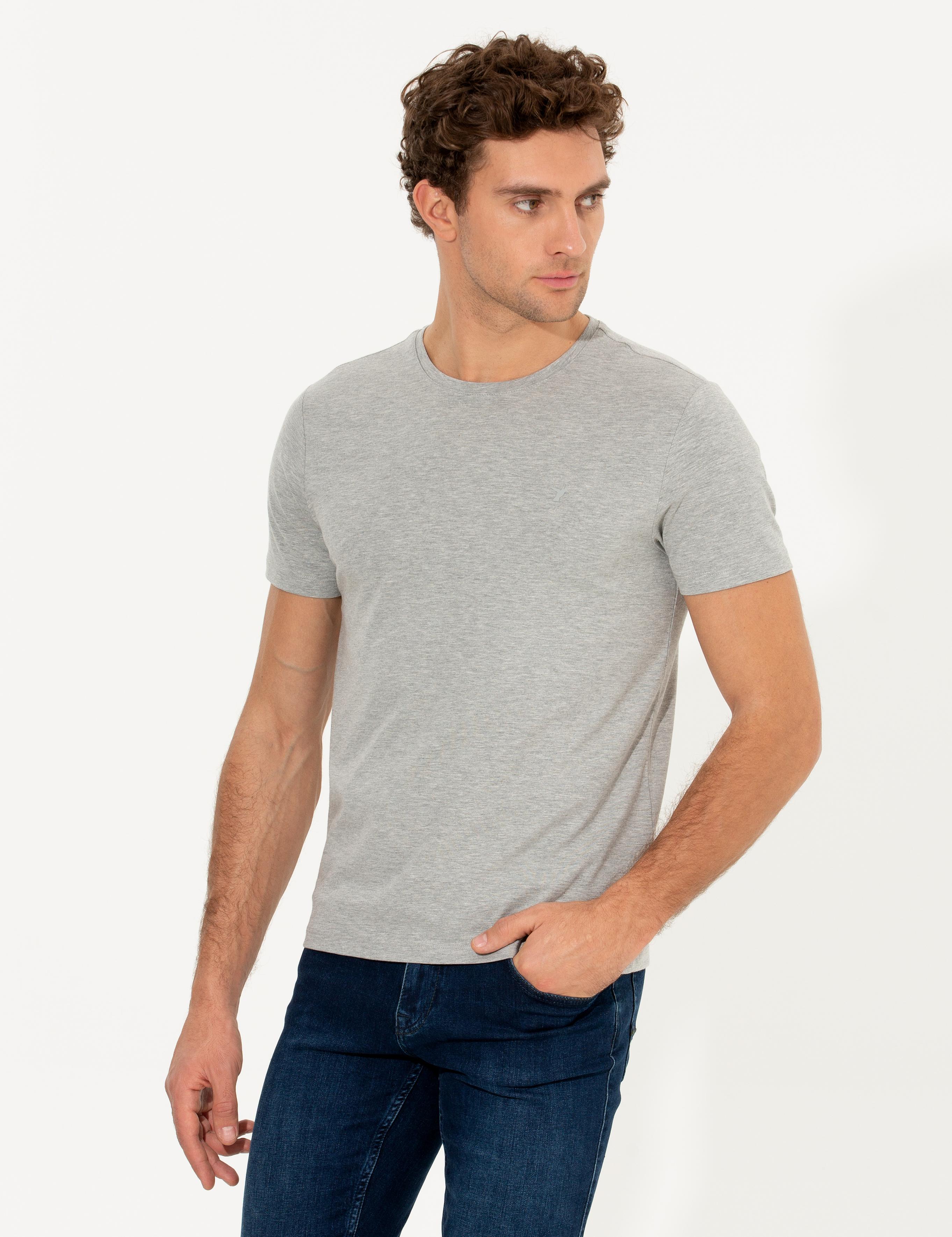Gri Melanj Bisiklet Yaka Slim Fit Basic T-Shirt - 50263987057