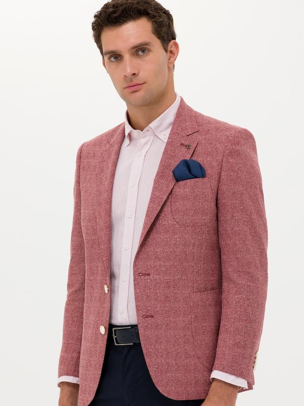 Bordo Slim Fit Yün Keten Karışımlı Ceket