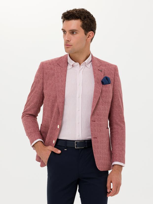Bordo Slim Fit Yün Keten Karışımlı Ceket