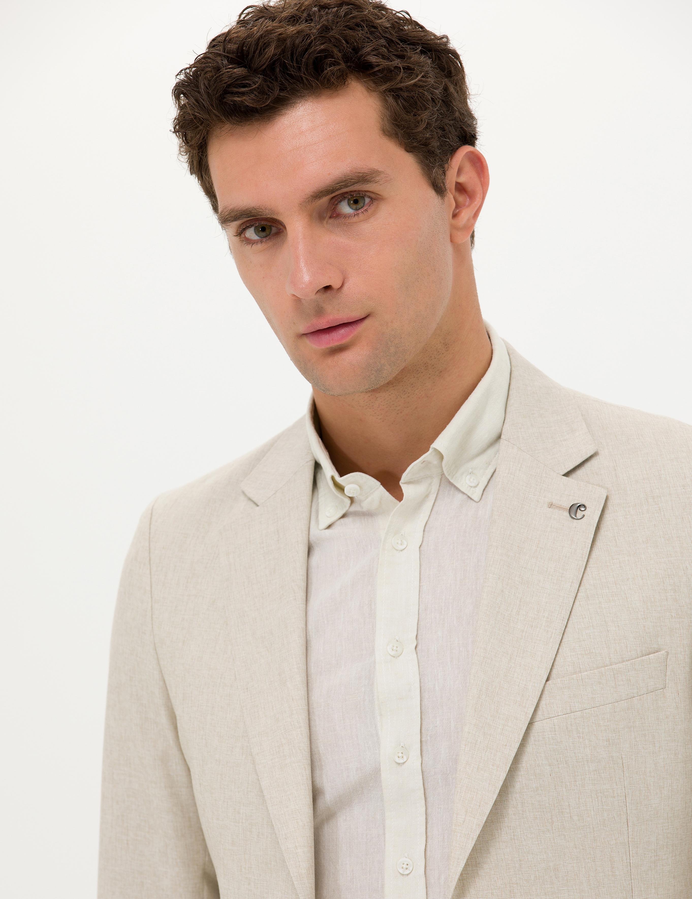 Ekru Slim Fit Yün İpek Karışımlı Ceket - 50265241074