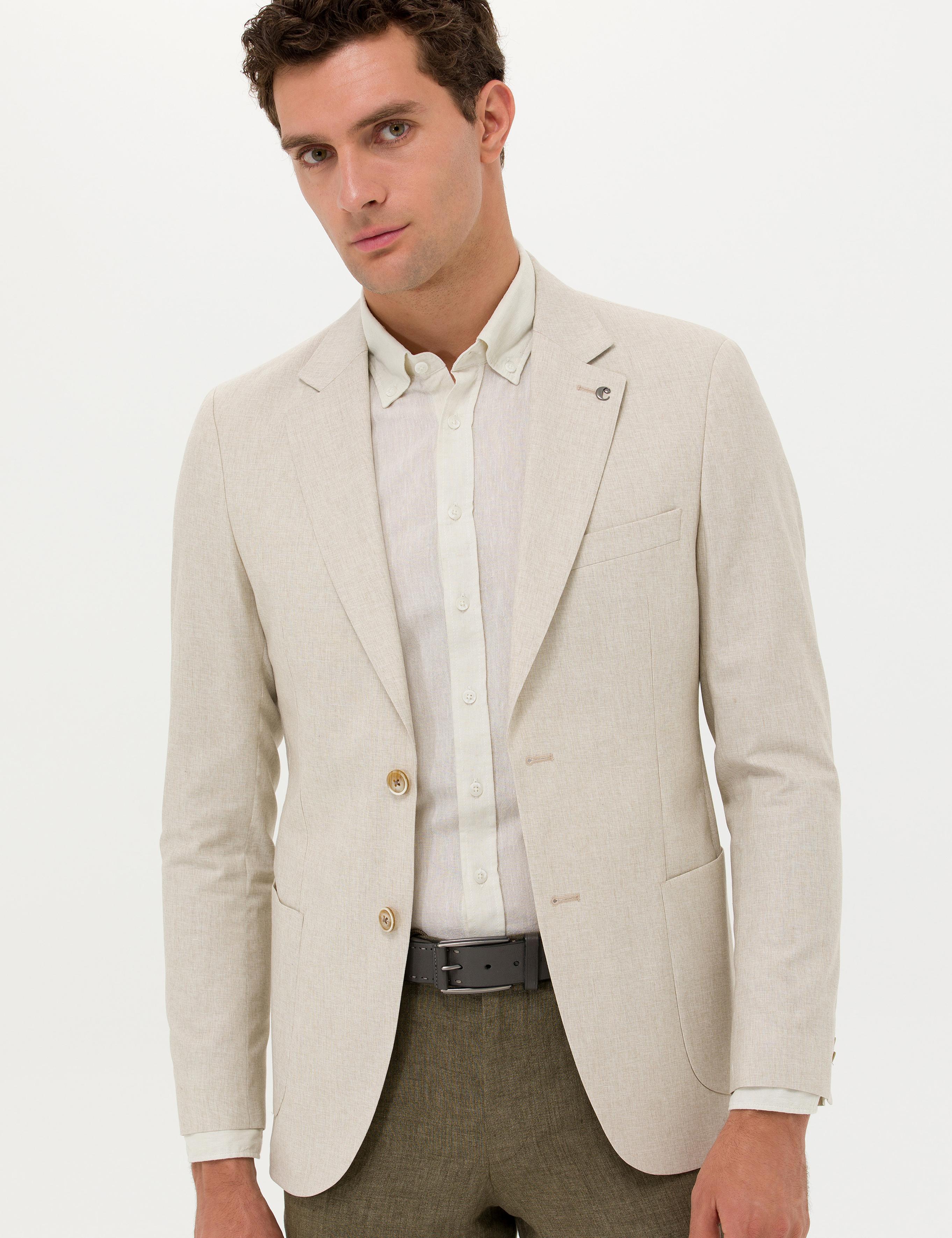 Ekru Slim Fit Yün İpek Karışımlı Ceket - 50265241074