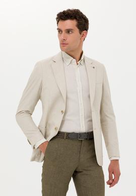 Ekru Slim Fit Yün İpek Karışımlı Ceket