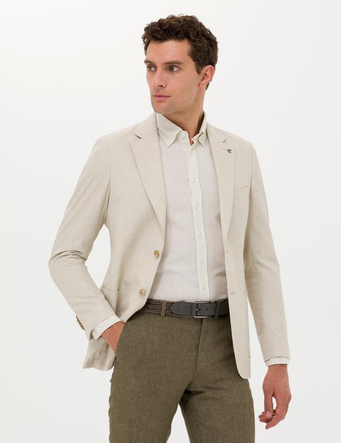 Ekru Slim Fit Yün İpek Karışımlı Ceket