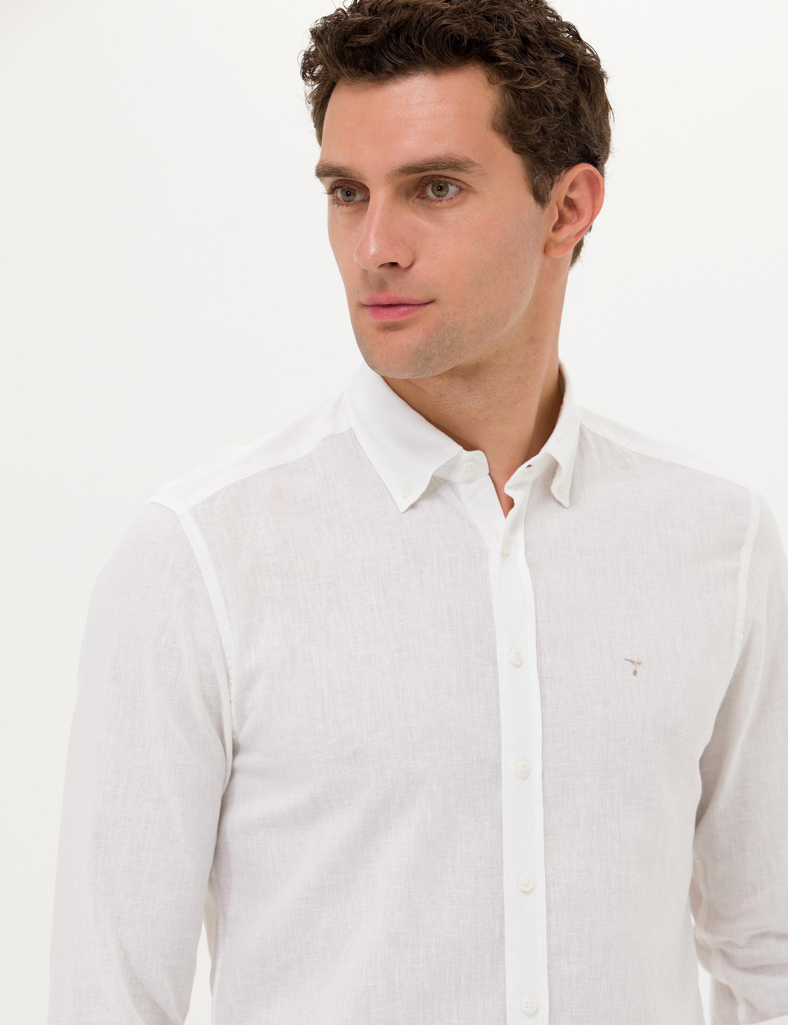Beyaz Slim Fit Keten Karışımlı Gömlek - 50266184530