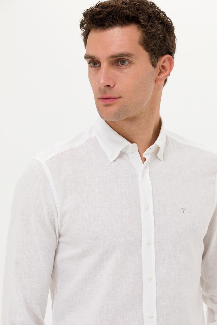 Beyaz Slim Fit Keten Karışımlı Gömlek - 50266184530