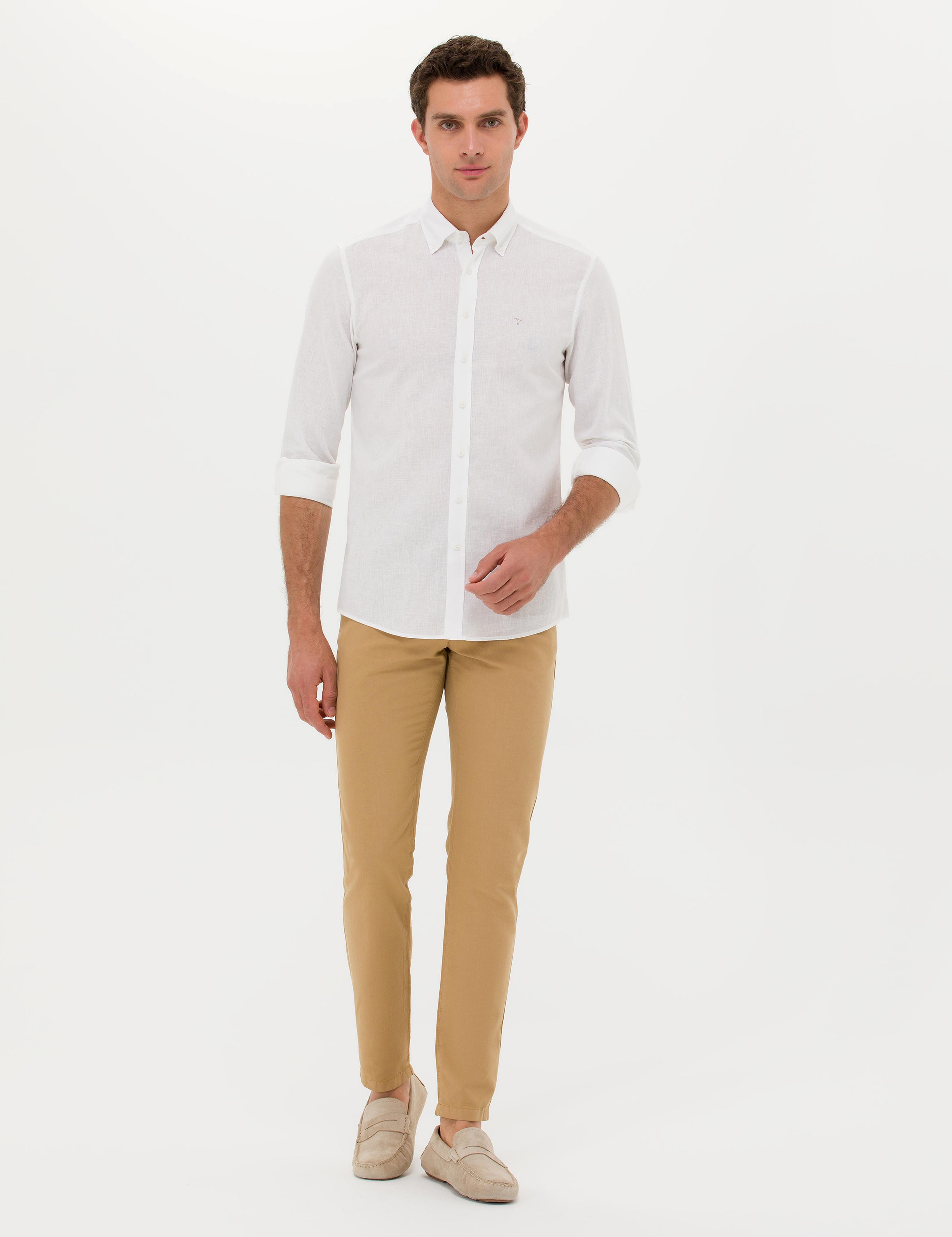 Beyaz Slim Fit Keten Karışımlı Gömlek - 50266184530