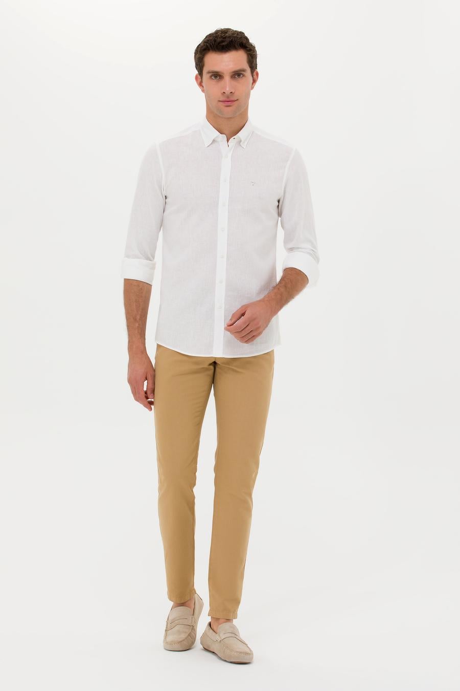 Beyaz Slim Fit Keten Karışımlı Gömlek - 50266184530