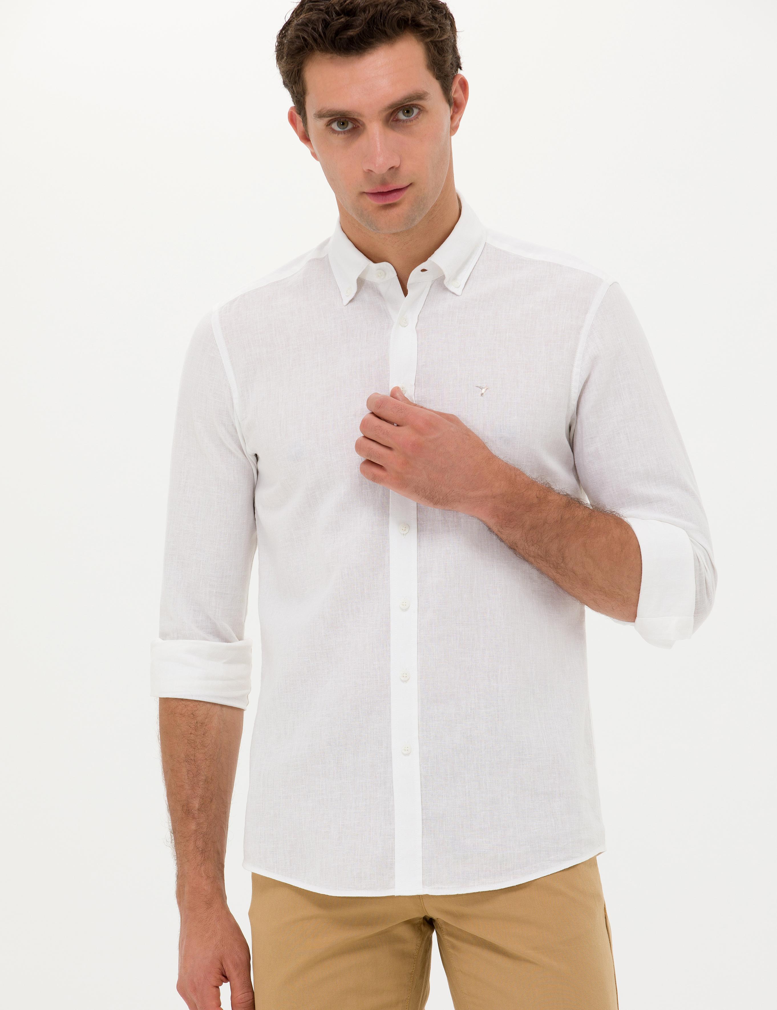 Beyaz Slim Fit Keten Karışımlı Gömlek - 50266184530
