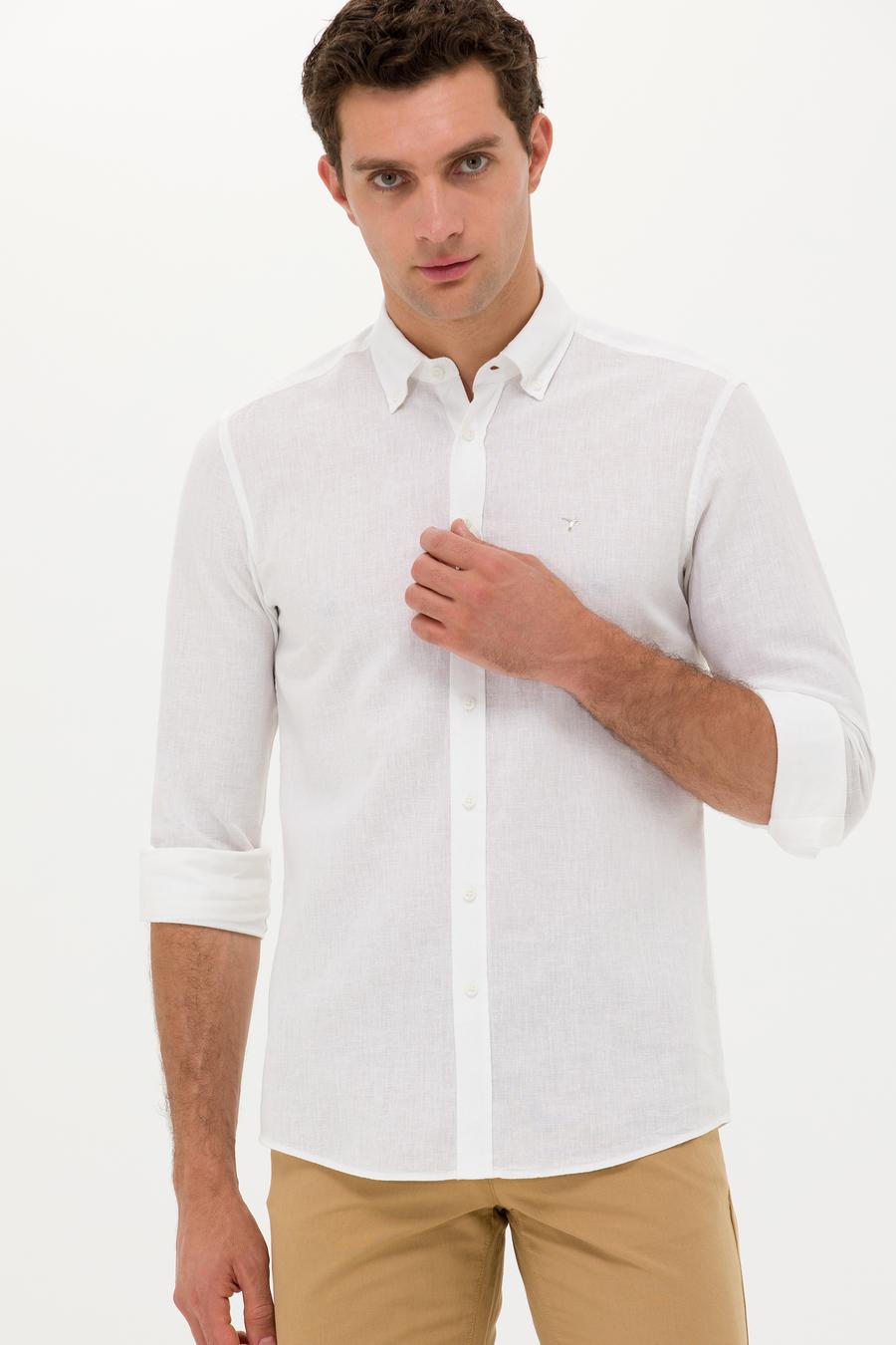 Beyaz Slim Fit Keten Karışımlı Gömlek - 50266184530