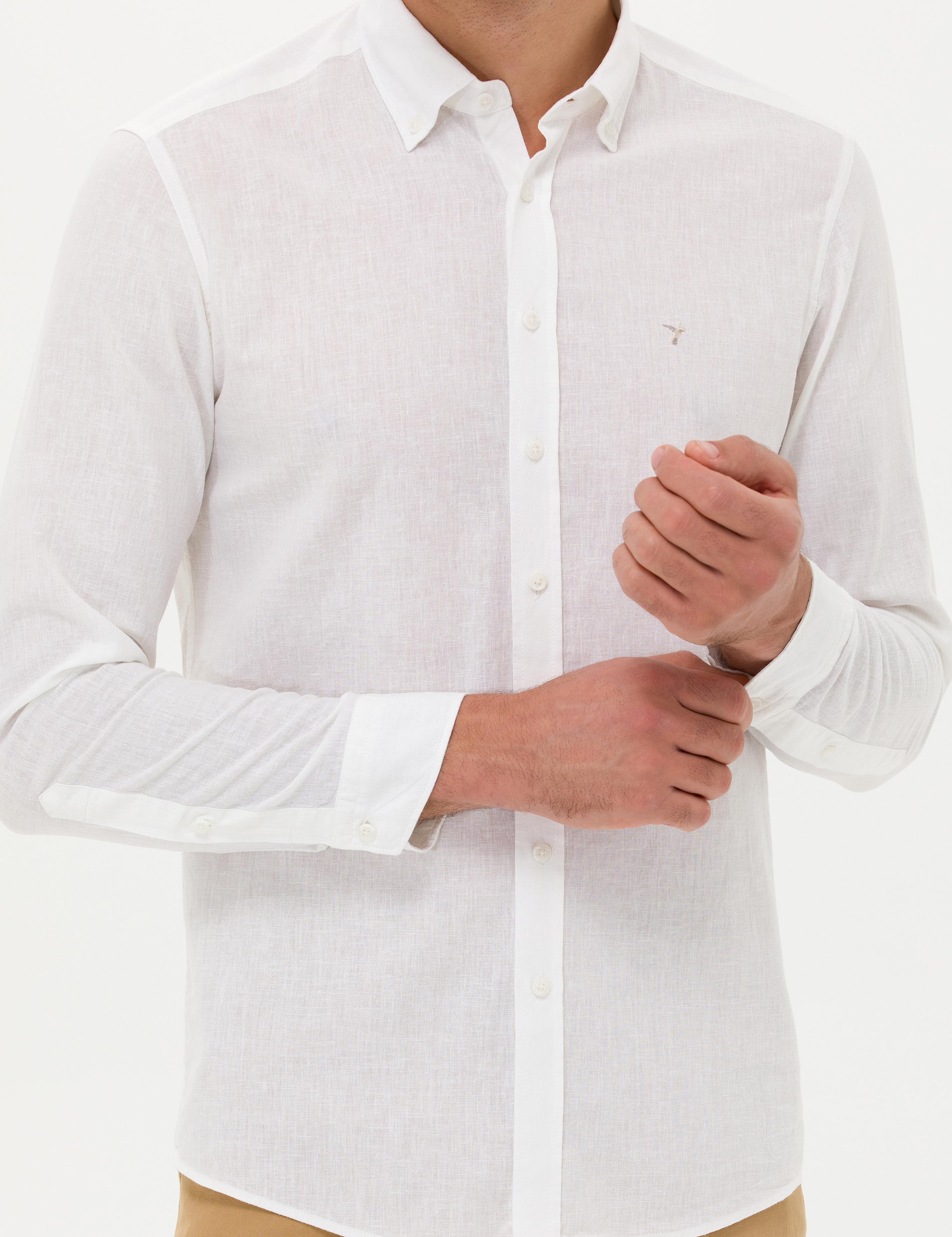 Beyaz Slim Fit Keten Karışımlı Gömlek - 50266184530