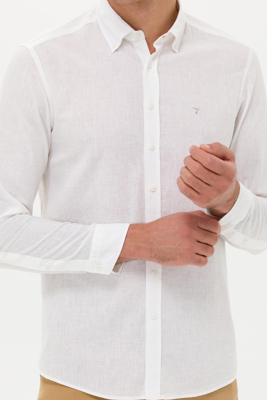 Beyaz Slim Fit Keten Karışımlı Gömlek - 50266184530