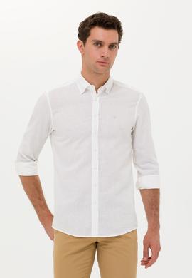 Beyaz Slim Fit Keten Karışımlı Gömlek