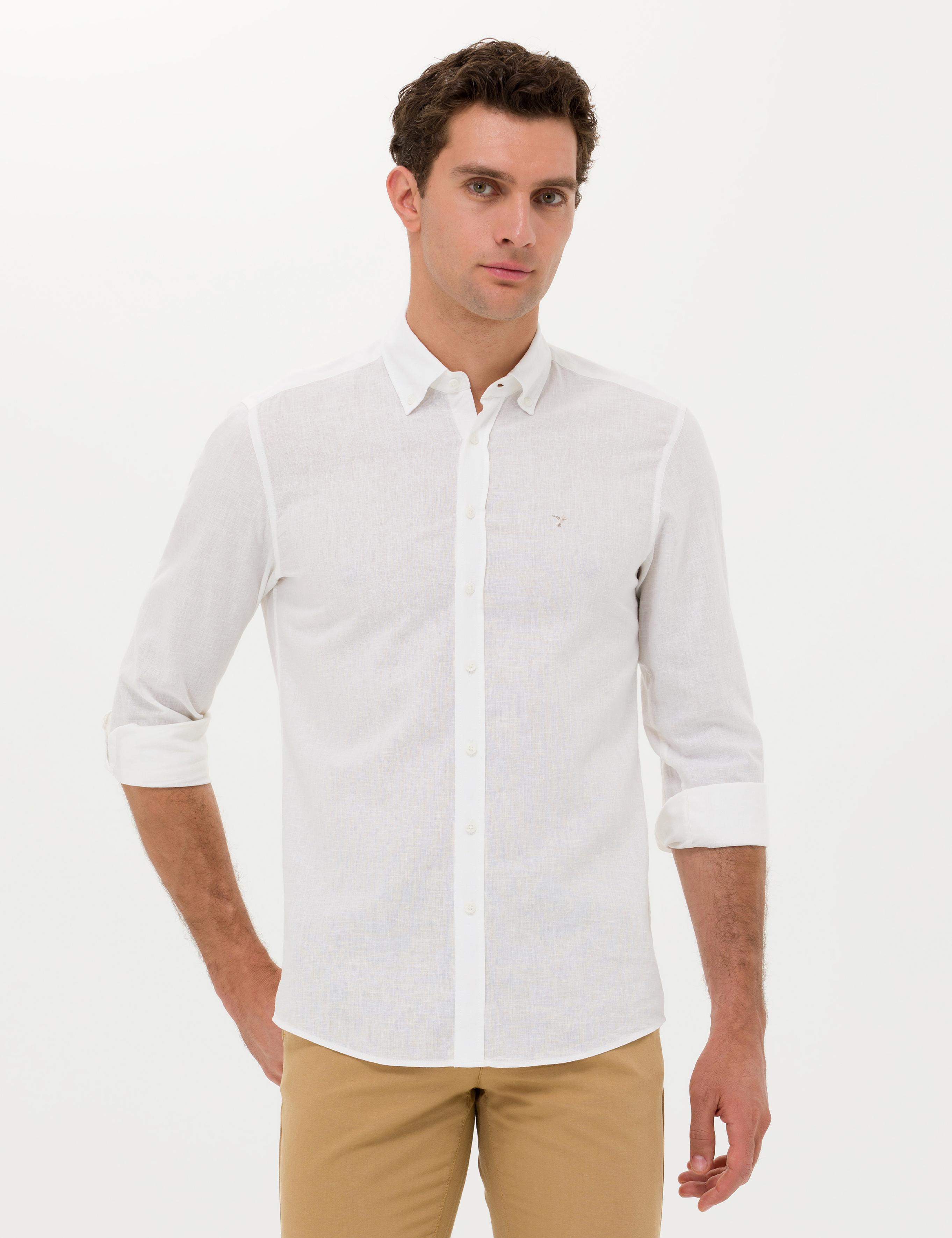 Beyaz Slim Fit Keten Karışımlı Gömlek - 50266184530