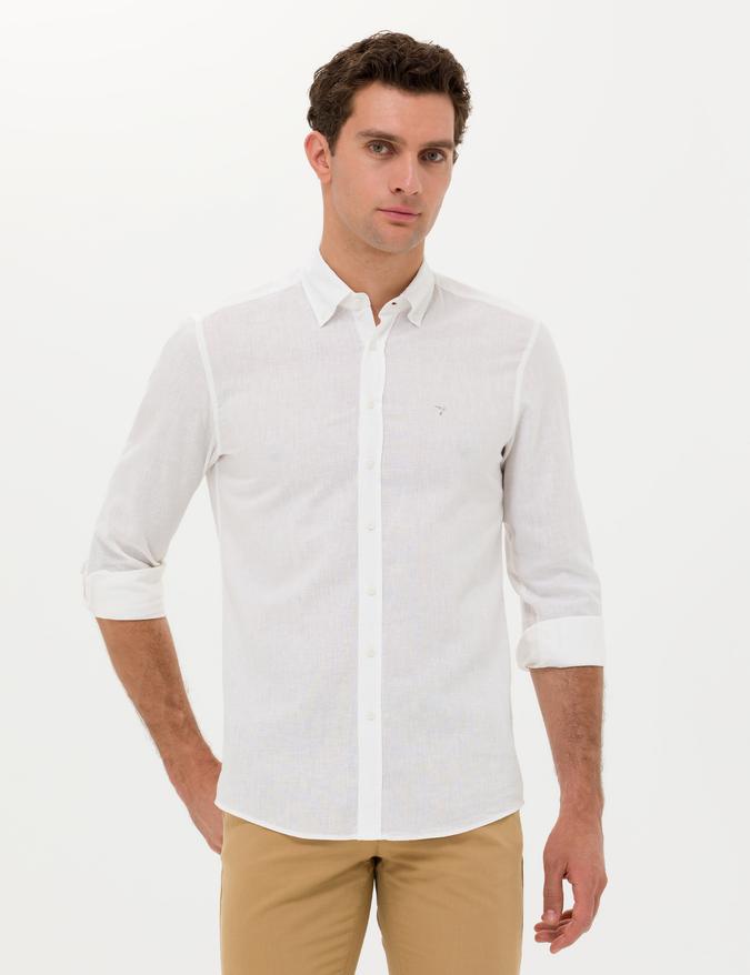 Beyaz Slim Fit Keten Karışımlı Gömlek