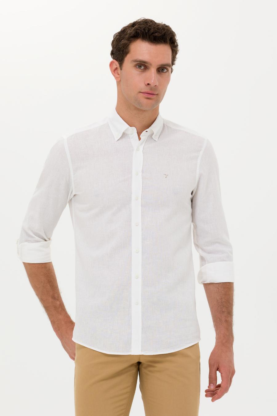 Beyaz Slim Fit Keten Karışımlı Gömlek - 50266184530