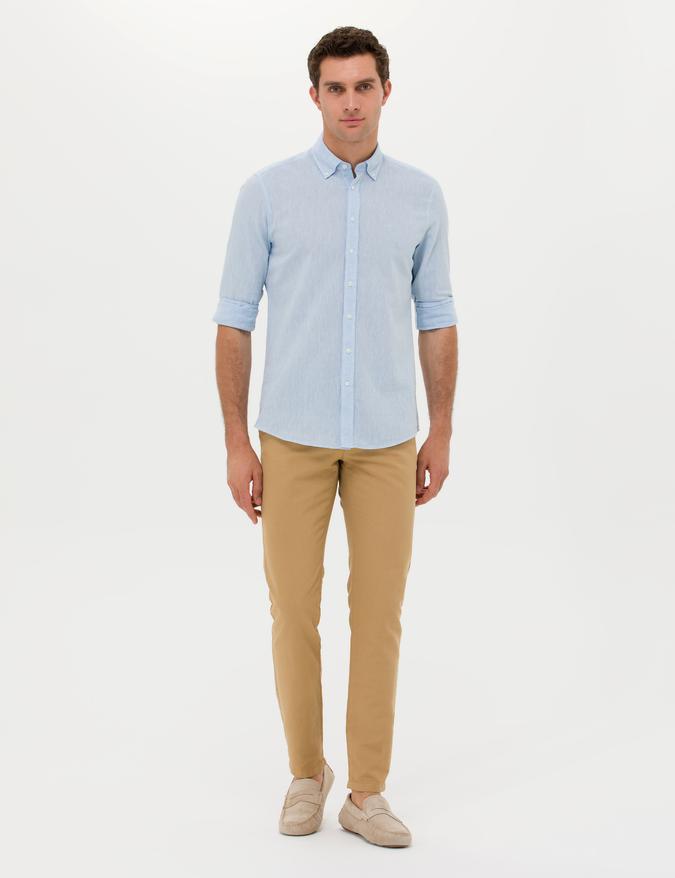 Camel Slim Fit Keten Karışımlı Kanvas Pantolon