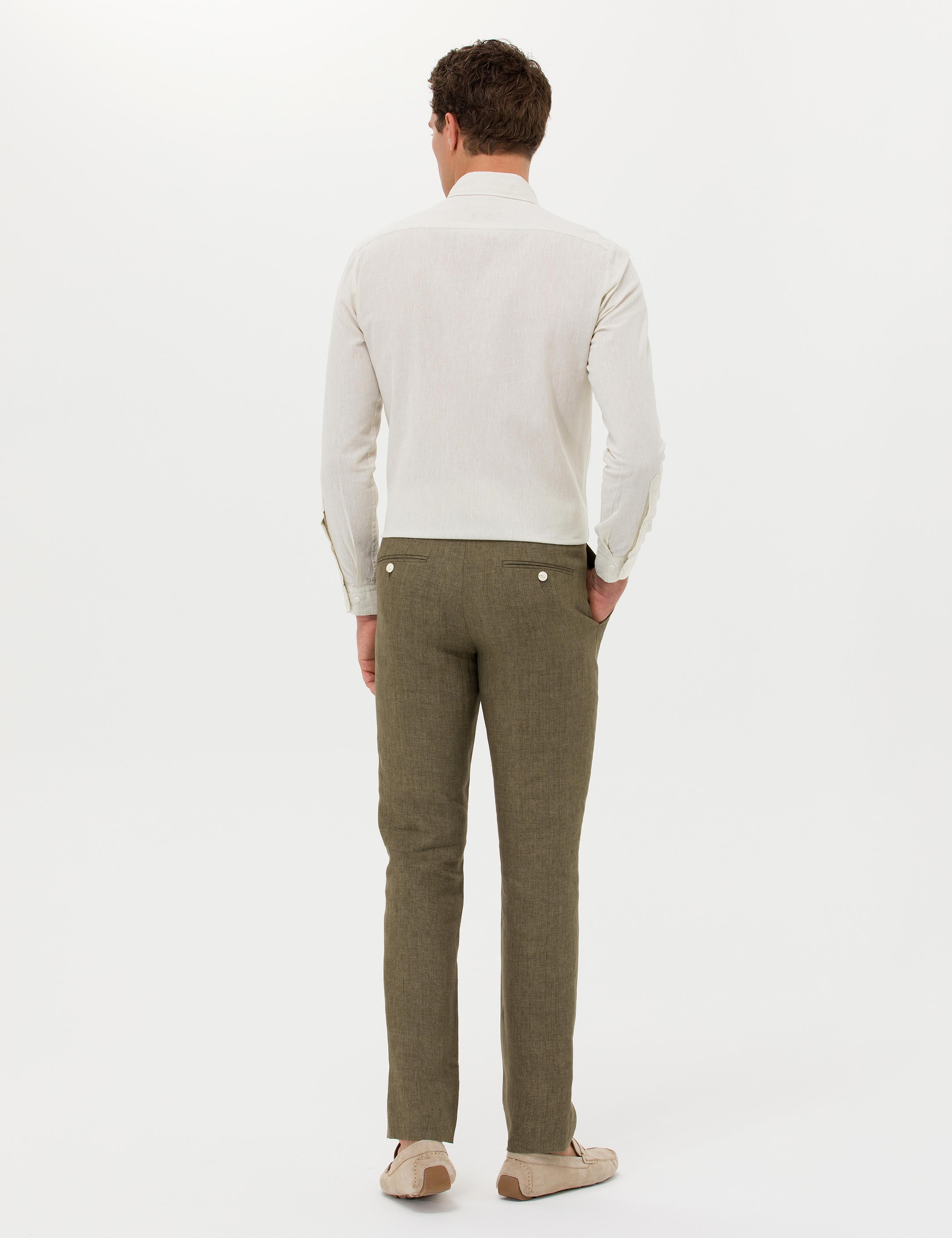 Haki Slim Fit Beli Bağcıklı %100 Keten Pantolon - 50268873039