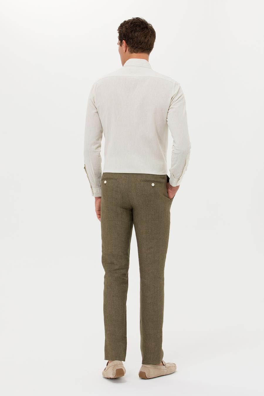 Haki Slim Fit Beli Bağcıklı %100 Keten Pantolon - 50268873039