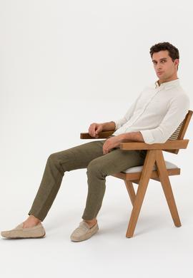Haki Slim Fit Beli Bağcıklı %100 Keten Pantolon