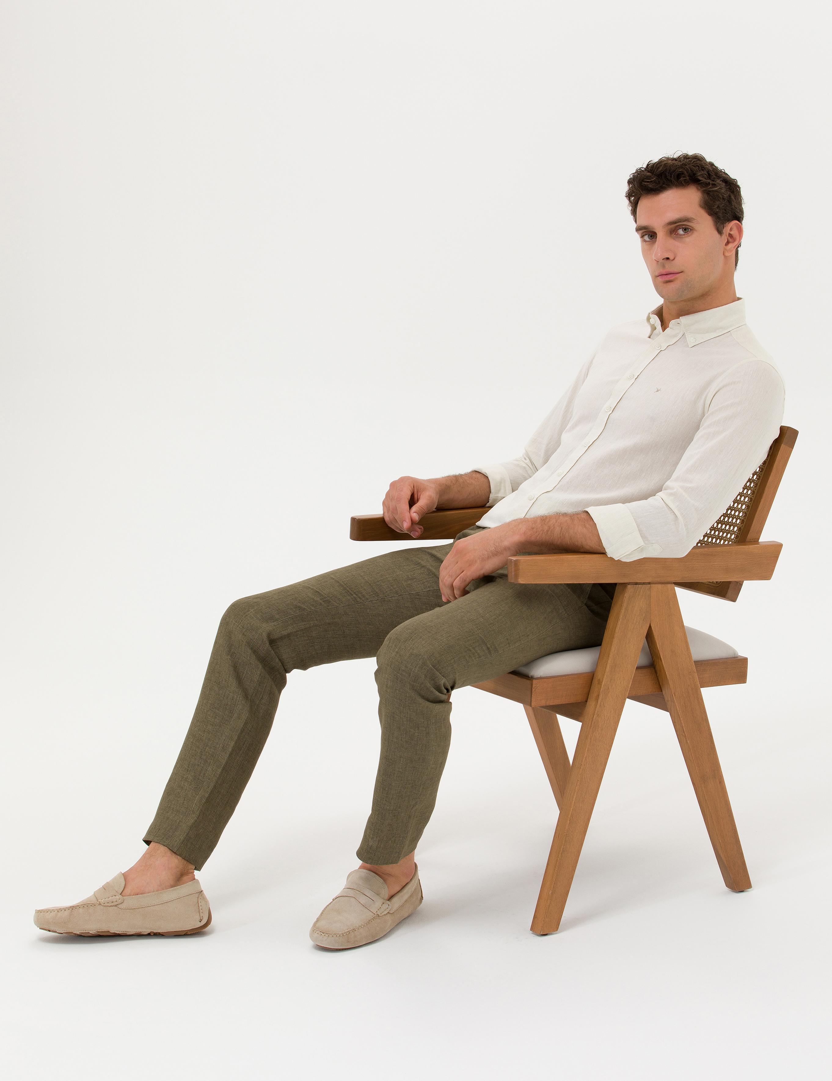 Haki Slim Fit Beli Bağcıklı %100 Keten Pantolon - 50268873039
