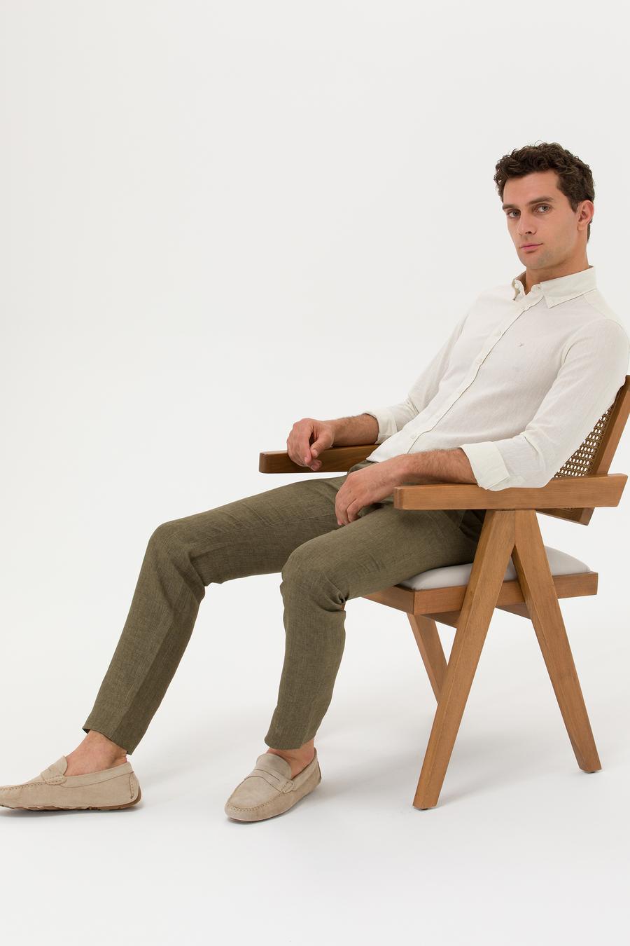 Haki Slim Fit Beli Bağcıklı %100 Keten Pantolon - 50268873039