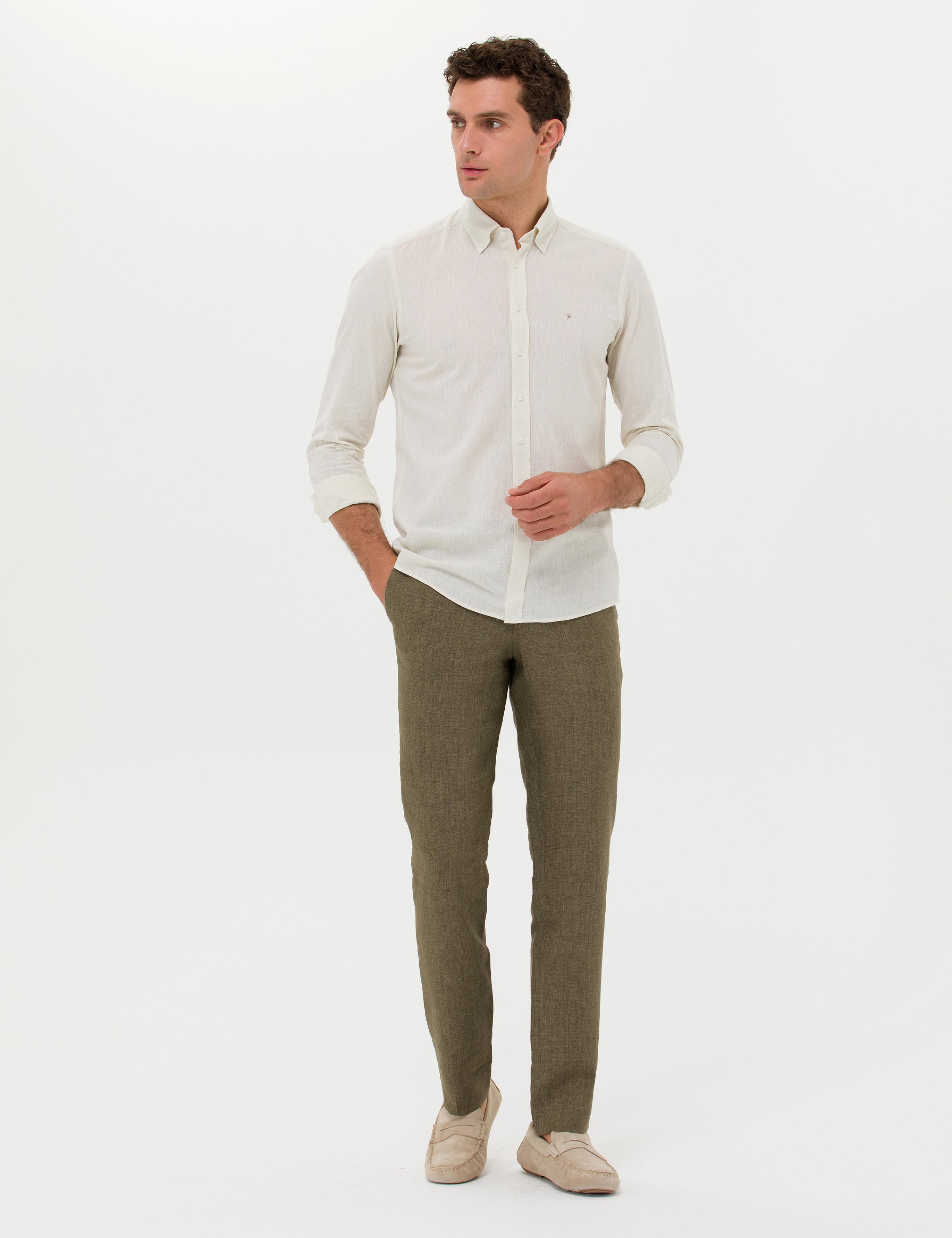 Haki Slim Fit Beli Bağcıklı %100 Keten Pantolon - 50268873039