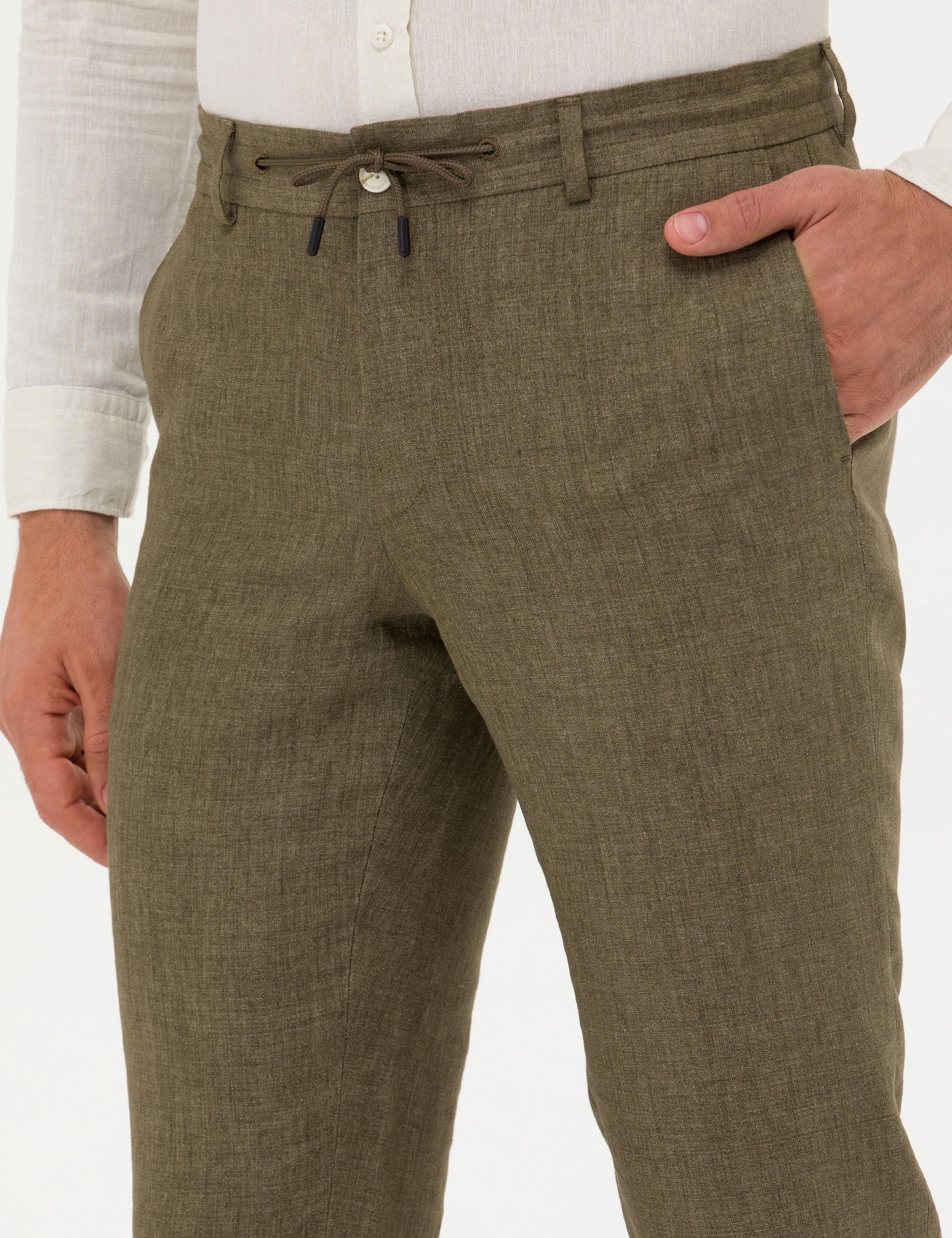 Haki Slim Fit Beli Bağcıklı %100 Keten Pantolon - 50268873039