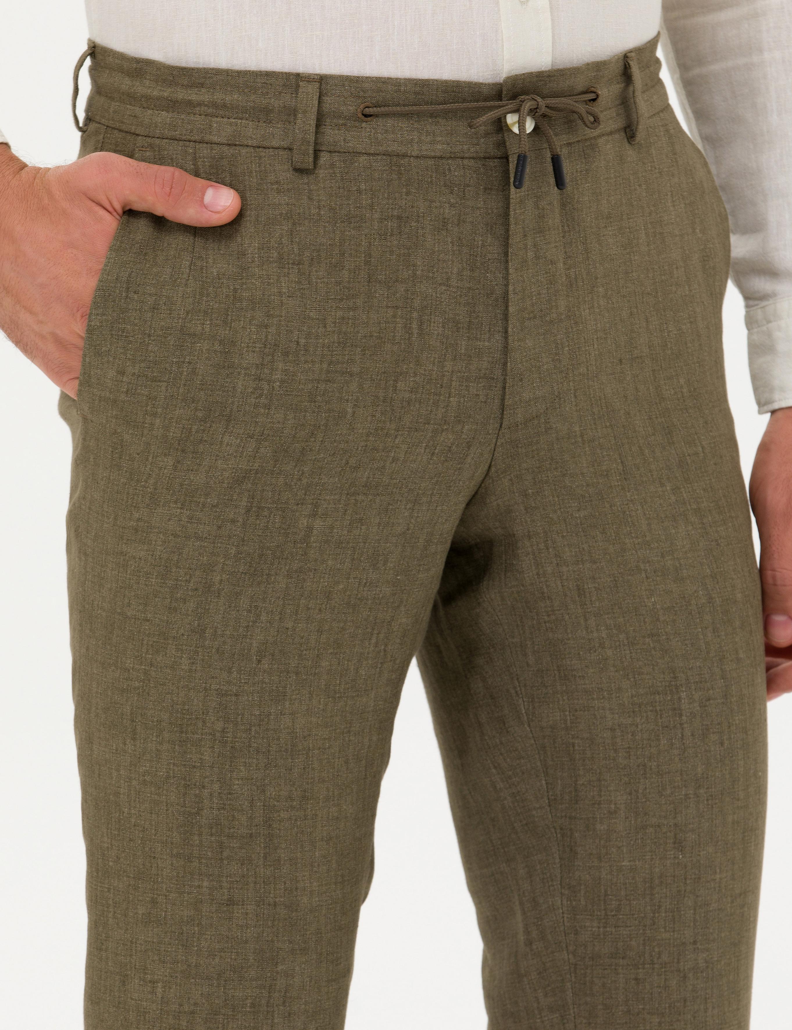 Haki Slim Fit Beli Bağcıklı %100 Keten Pantolon - 50268873039