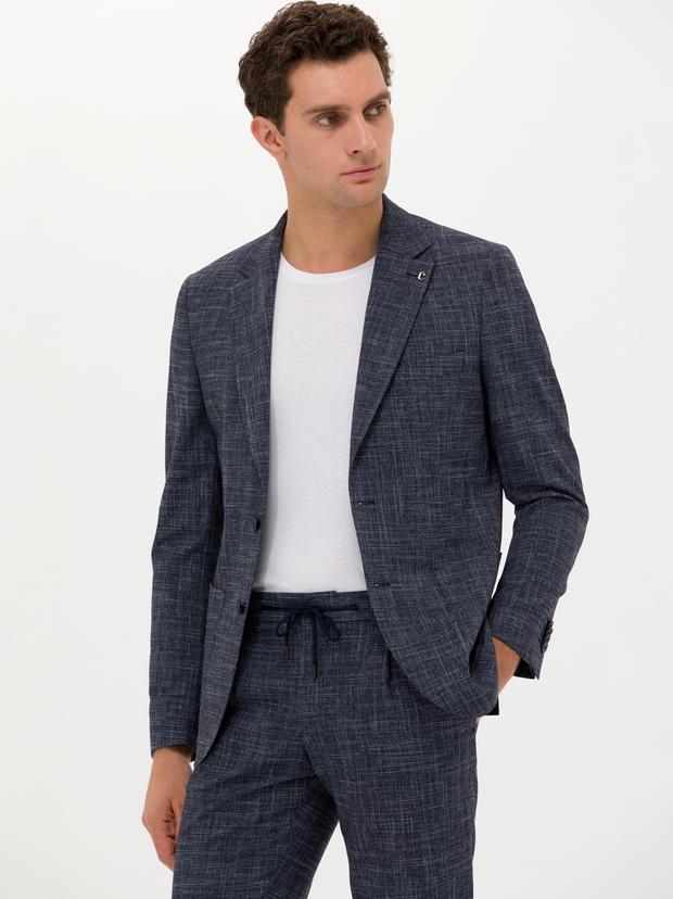 Lacivert Slim Fit Keten Karışımlı Ceket