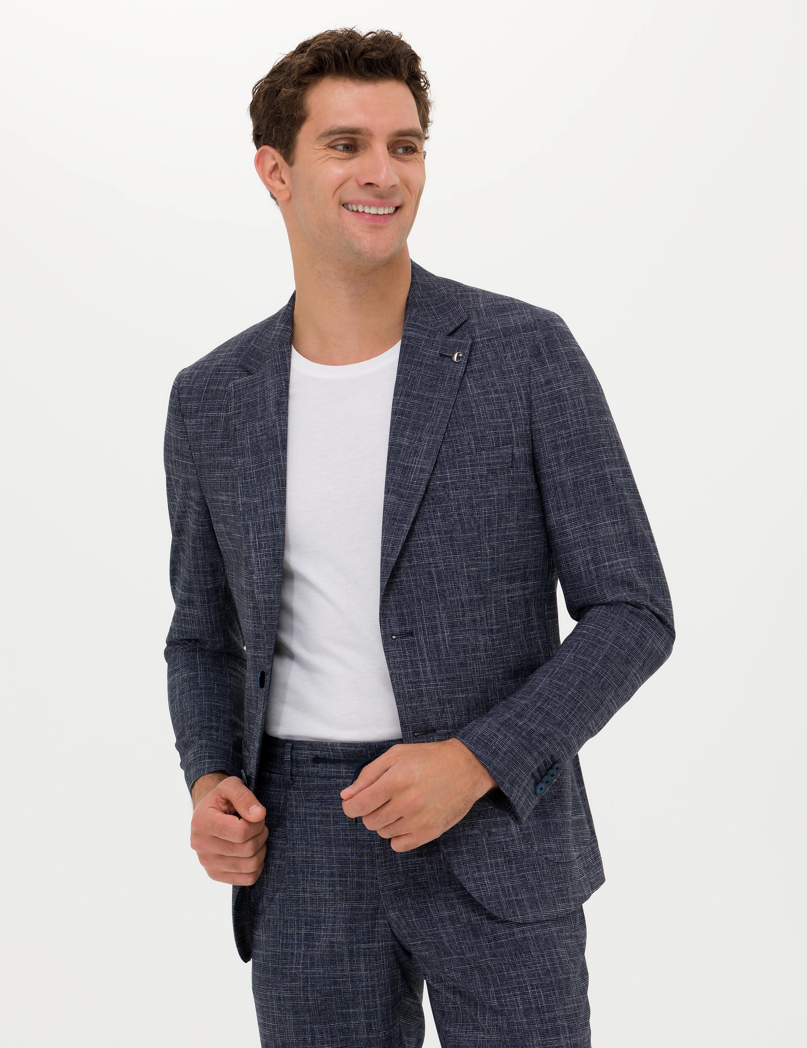Lacivert Slim Fit Keten Karışımlı Ceket - 50270503050
