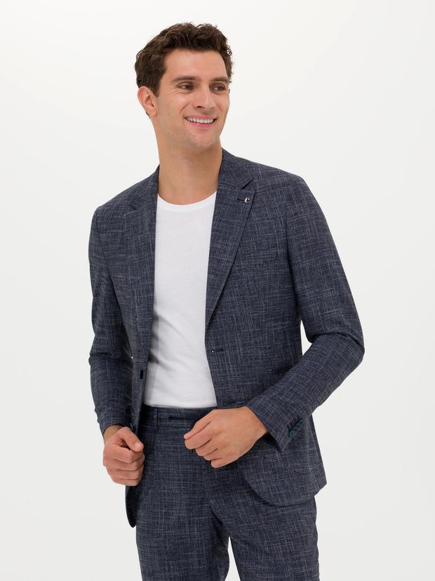 Lacivert Slim Fit Keten Karışımlı Ceket