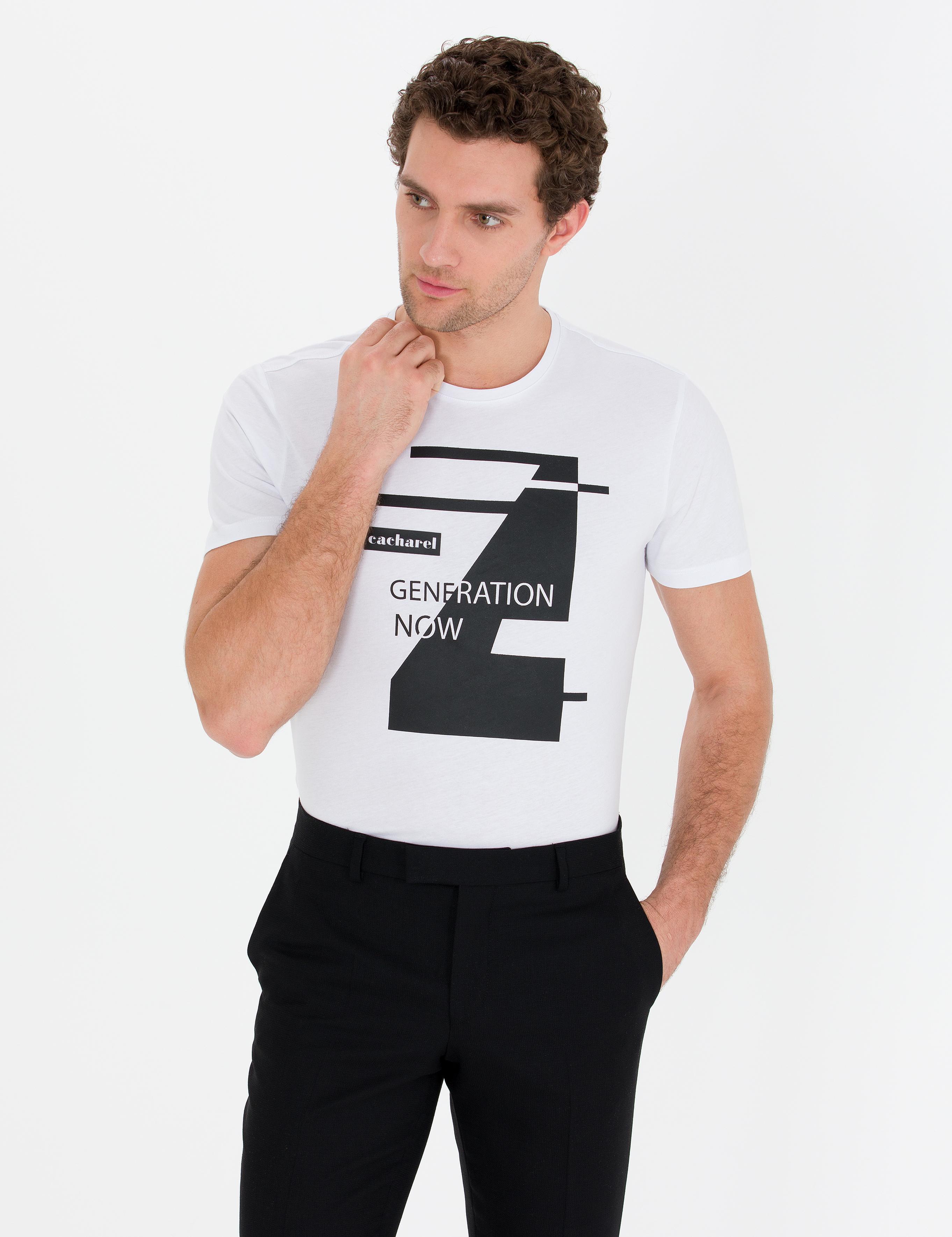 Beyaz Bisiklet Yaka Slim Fit T-Shirt - 50265418012