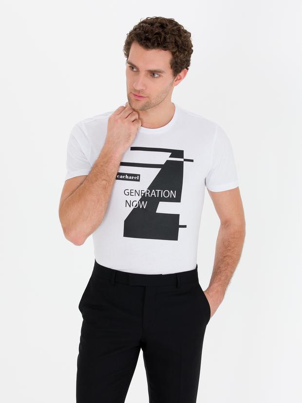 Beyaz Bisiklet Yaka Slim Fit T-Shirt