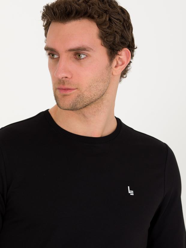 Siyah Pamuk Karışımlı Bisiklet Yaka Sweatshirt