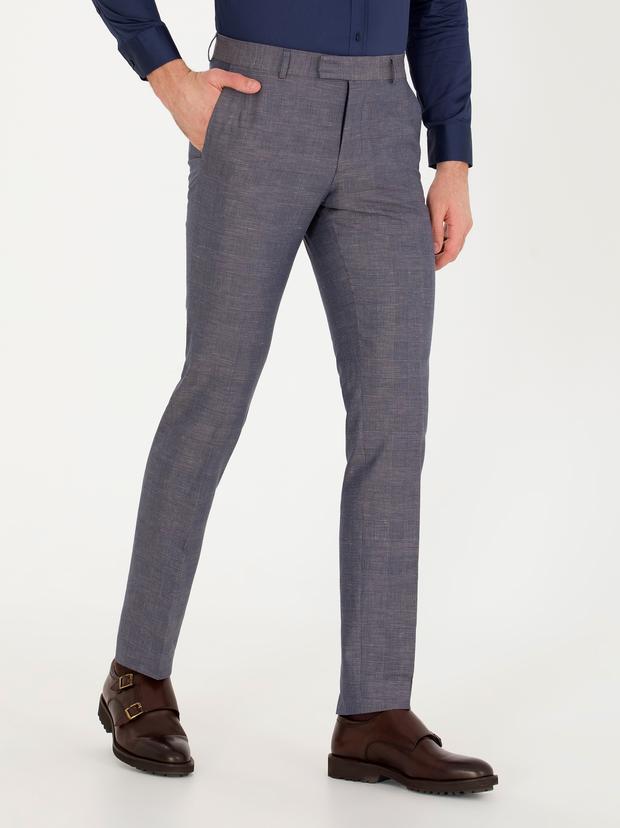 Lacivert Slim Fit Keten Karışımlı Pantolon