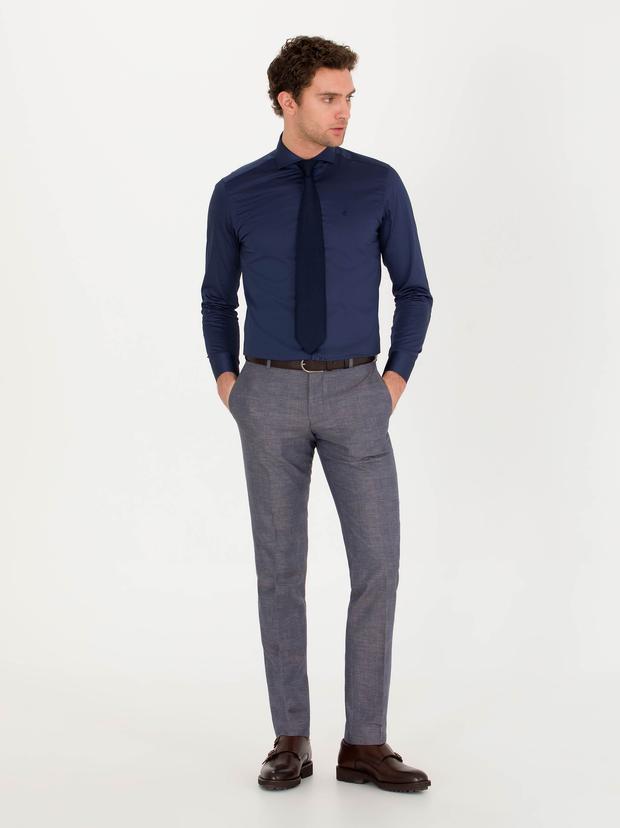 Lacivert Slim Fit Keten Karışımlı Pantolon