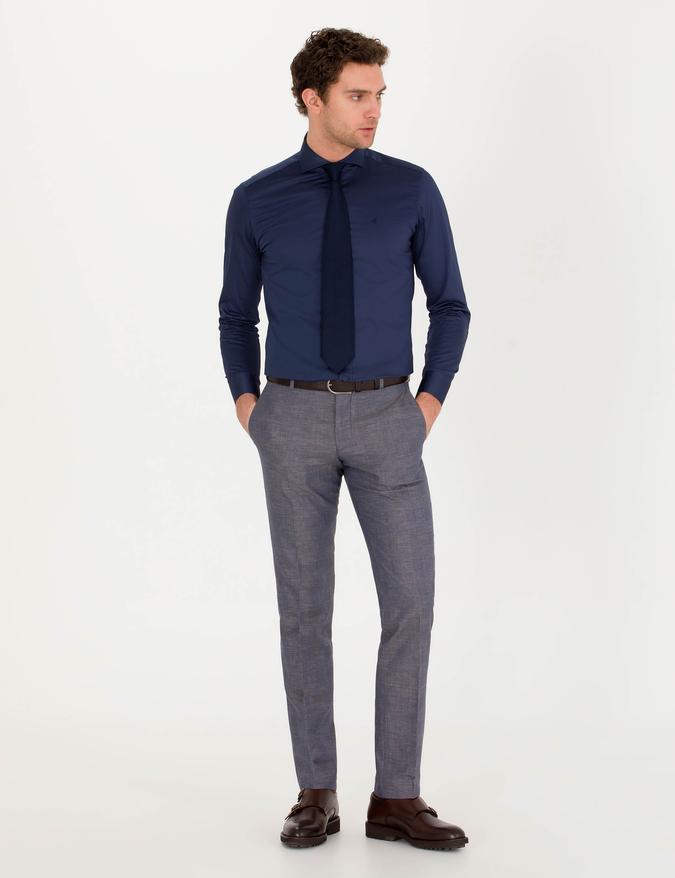 Lacivert Slim Fit Keten Karışımlı Pantolon