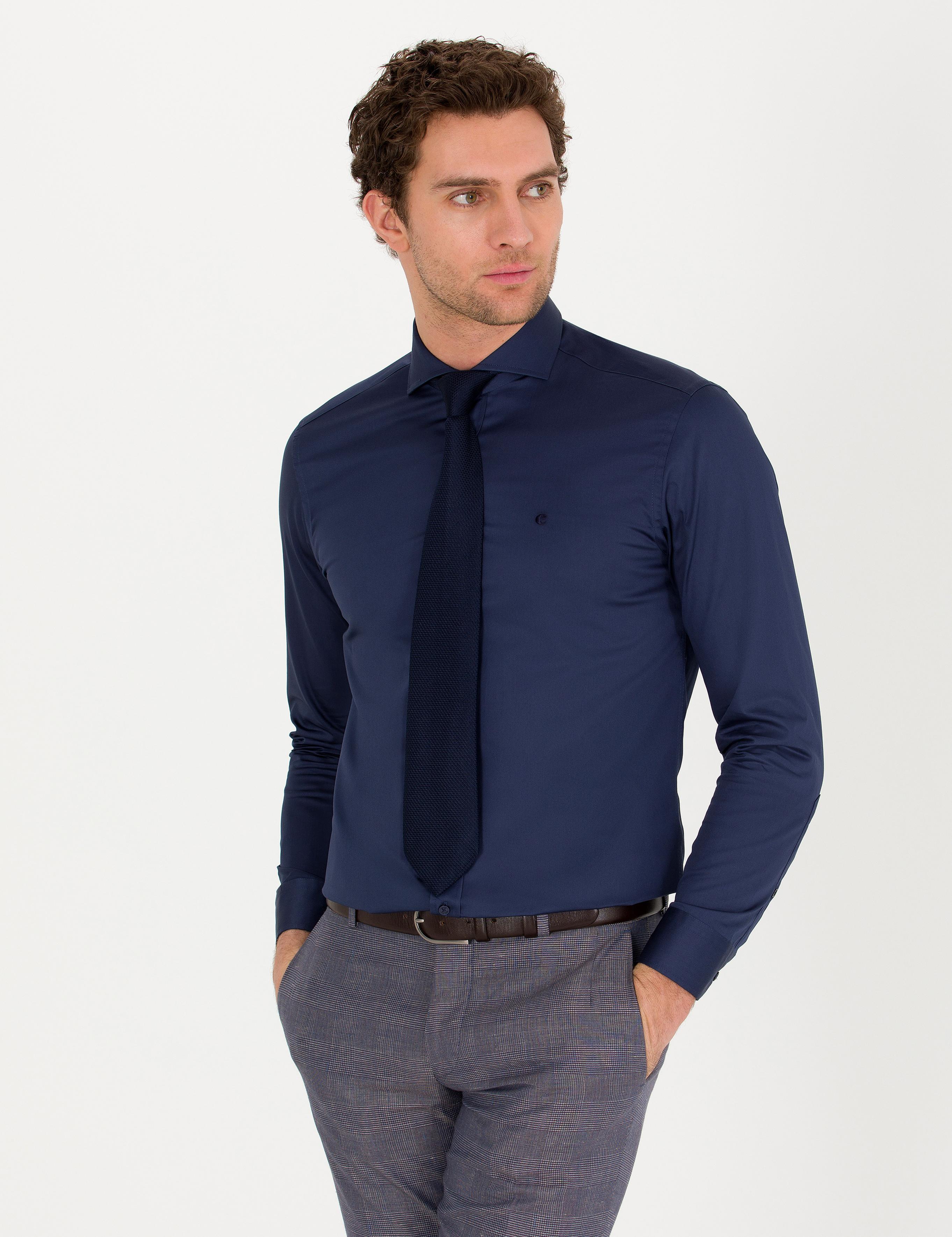 Lacivert Slim Fit %100 Pamuk  İtalyan Yaka  Basic Gömlek - 50268927054