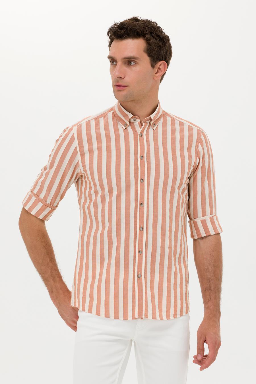 Kiremit Slim Fit Uzun Kollu Çizgili Gömlek - 50265483074