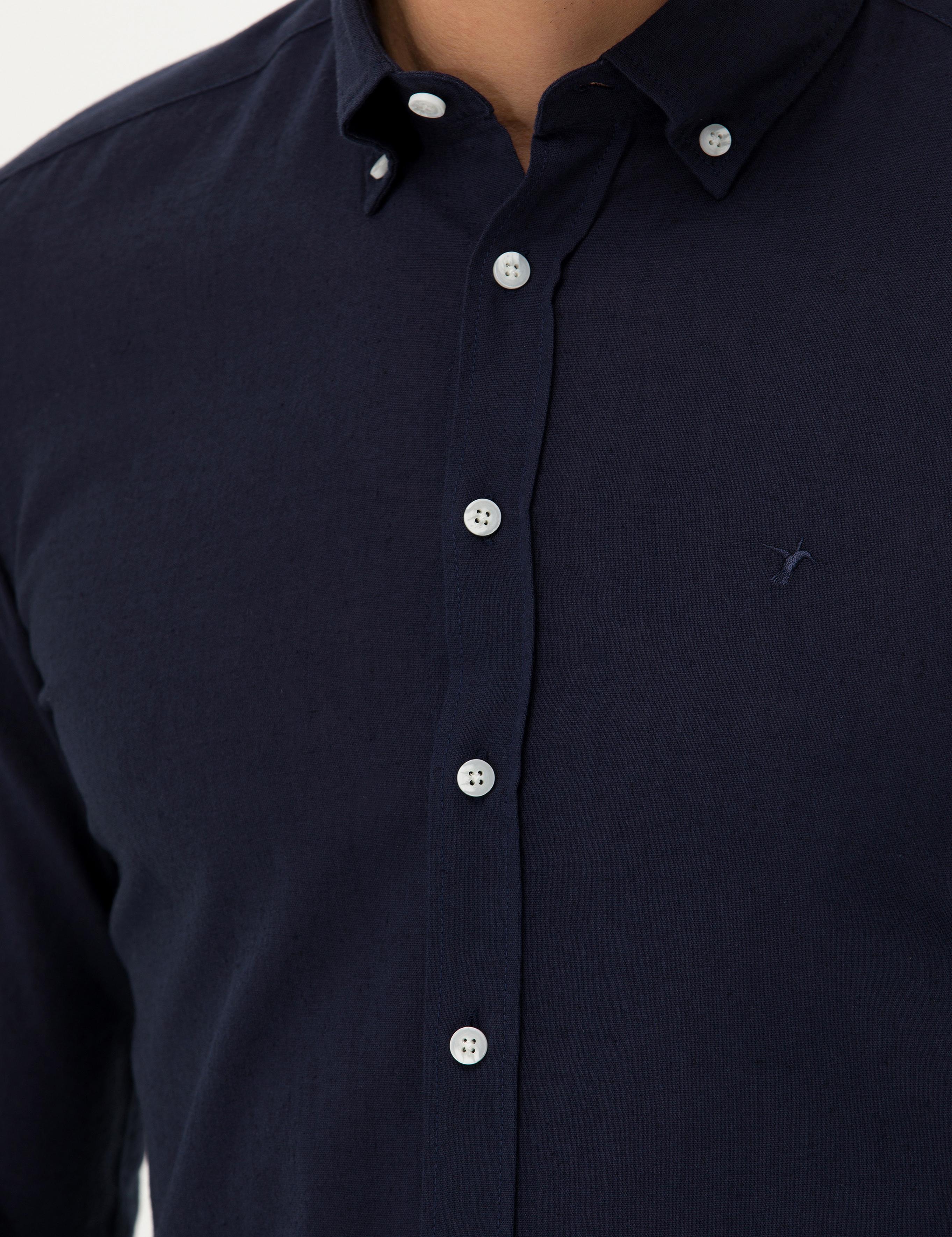 Lacivert Slim Fit Keten Karışımlı Gömlek - 50266184501