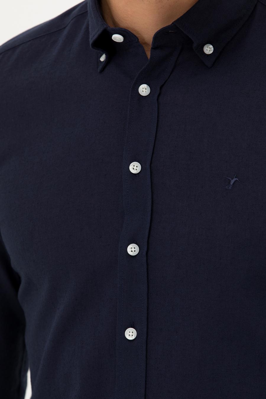 Lacivert Slim Fit Keten Karışımlı Gömlek - 50266184501