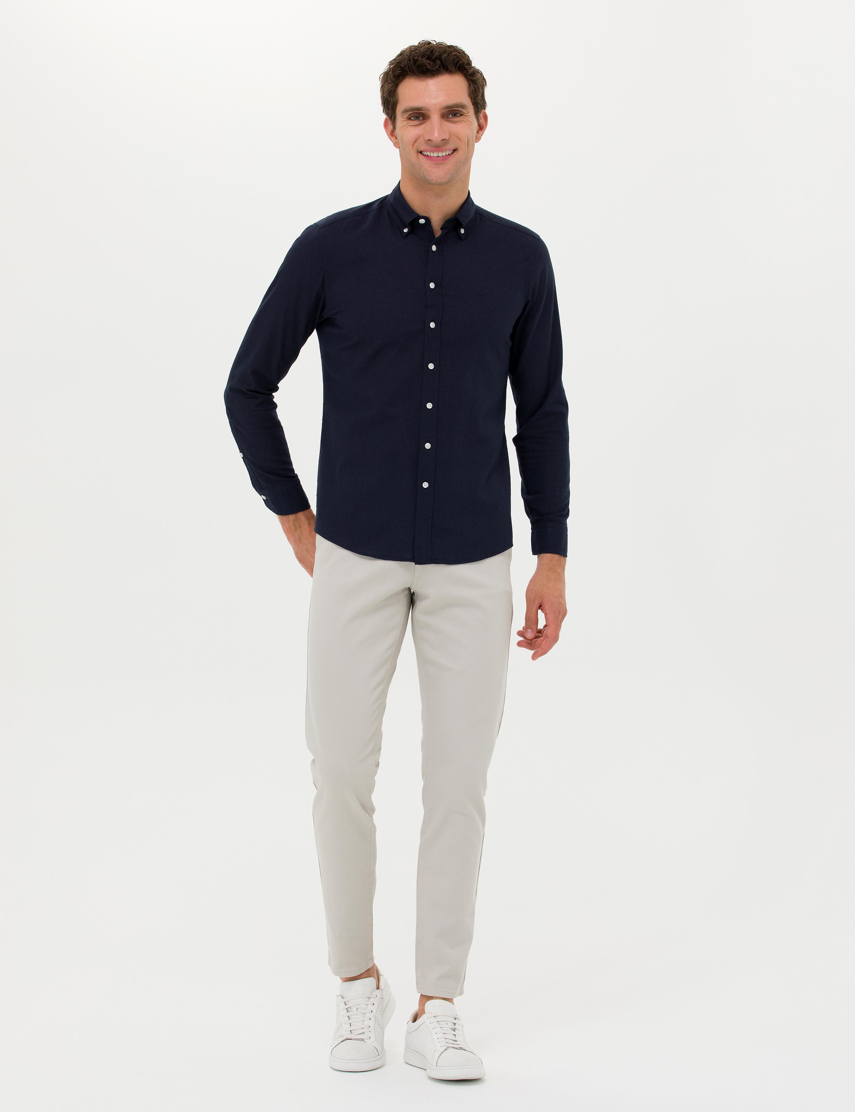 Lacivert Slim Fit Keten Karışımlı Gömlek - 50266184501