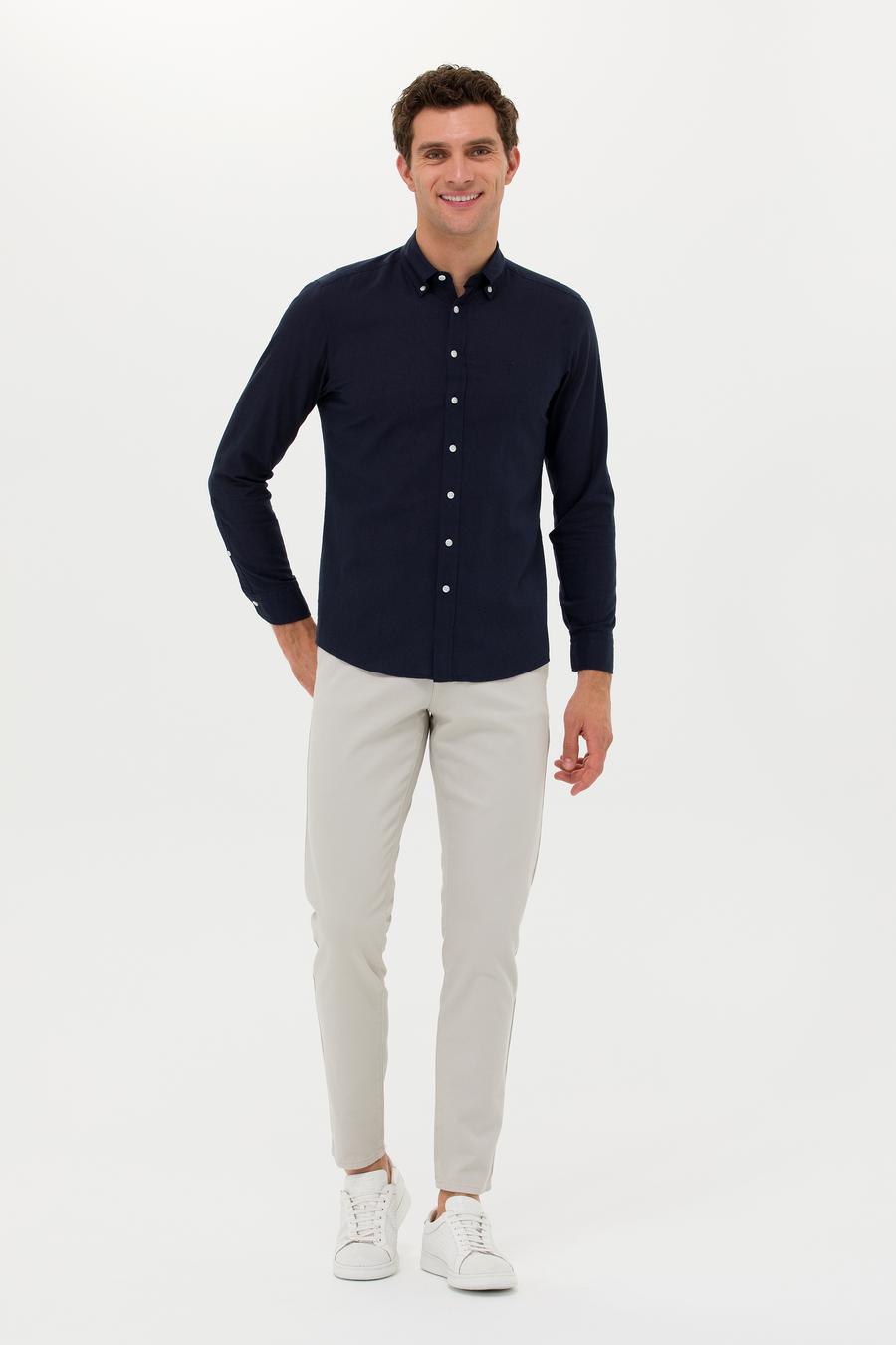 Lacivert Slim Fit Keten Karışımlı Gömlek - 50266184501