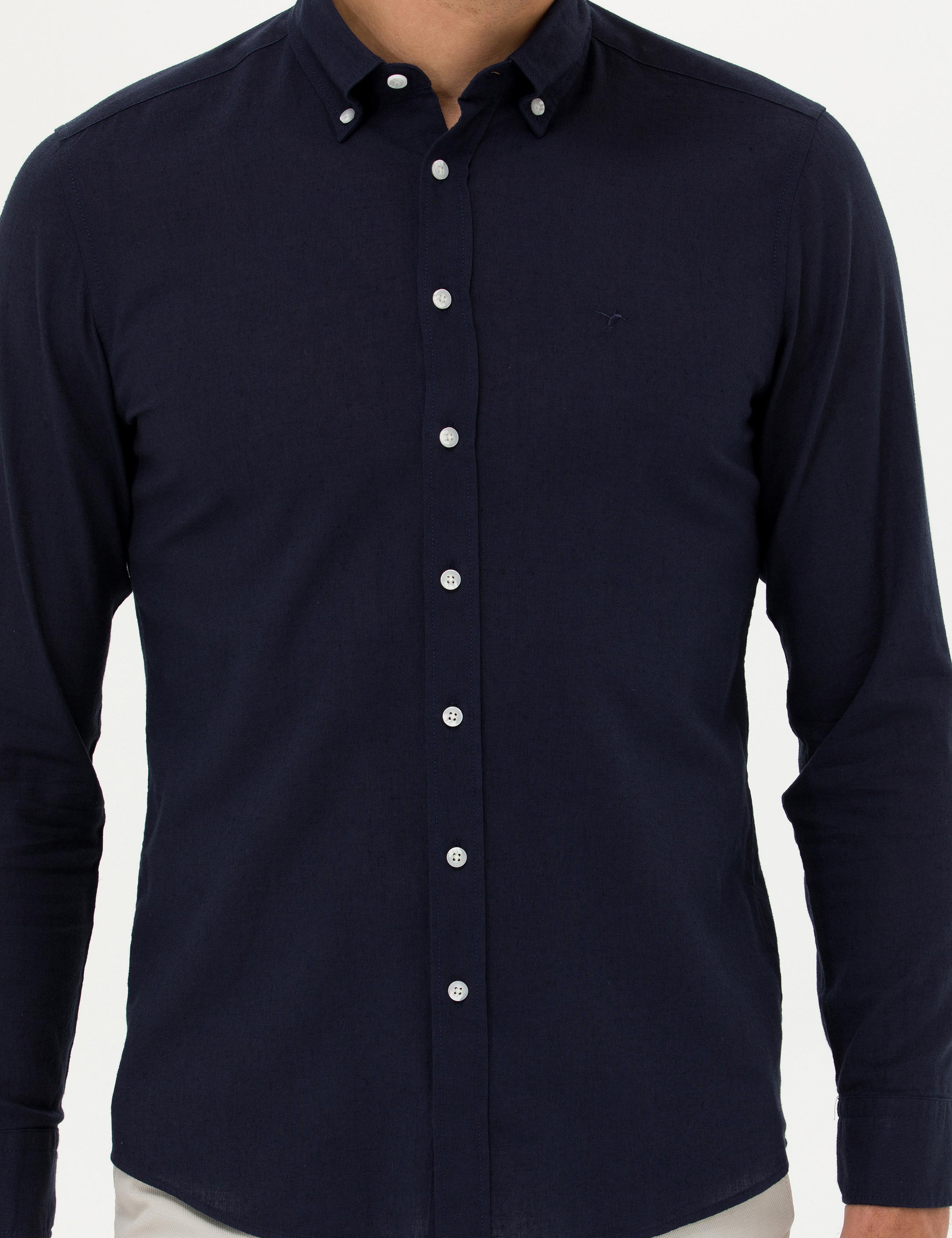 Lacivert Slim Fit Keten Karışımlı Gömlek - 50266184501